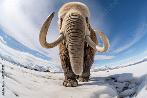 a wooly mammoth walking through a snowy field