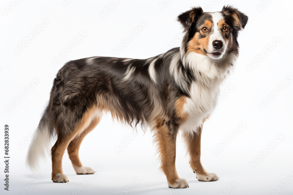 a dog standing in front of a white background