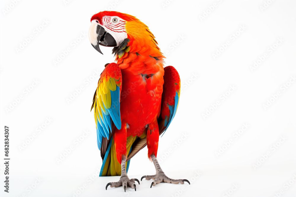 a colorful parrot standing on a white surface