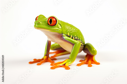 a green frog with red eyes sitting on a white surface
