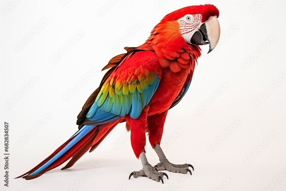 a red and green parrot standing on a white surface