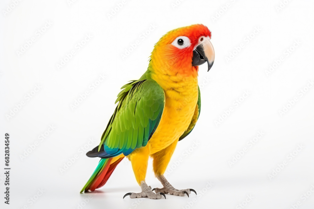 a colorful parrot standing on a white surface