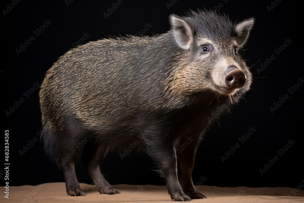 a small boar standing on a wooden surface