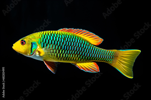 a fish with a bright green and yellow body