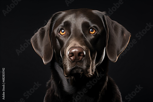 a black dog with orange eyes is looking at the camera