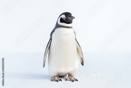 a penguin standing in the snow with its eyes closed