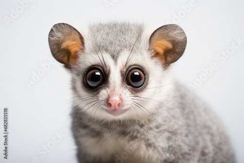 a small gray animal with big eyes and a white background