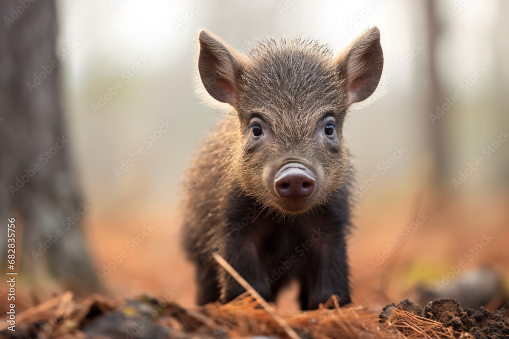 a small pig standing in the woods looking at the camera a small pig standing in the woods looking at the camera