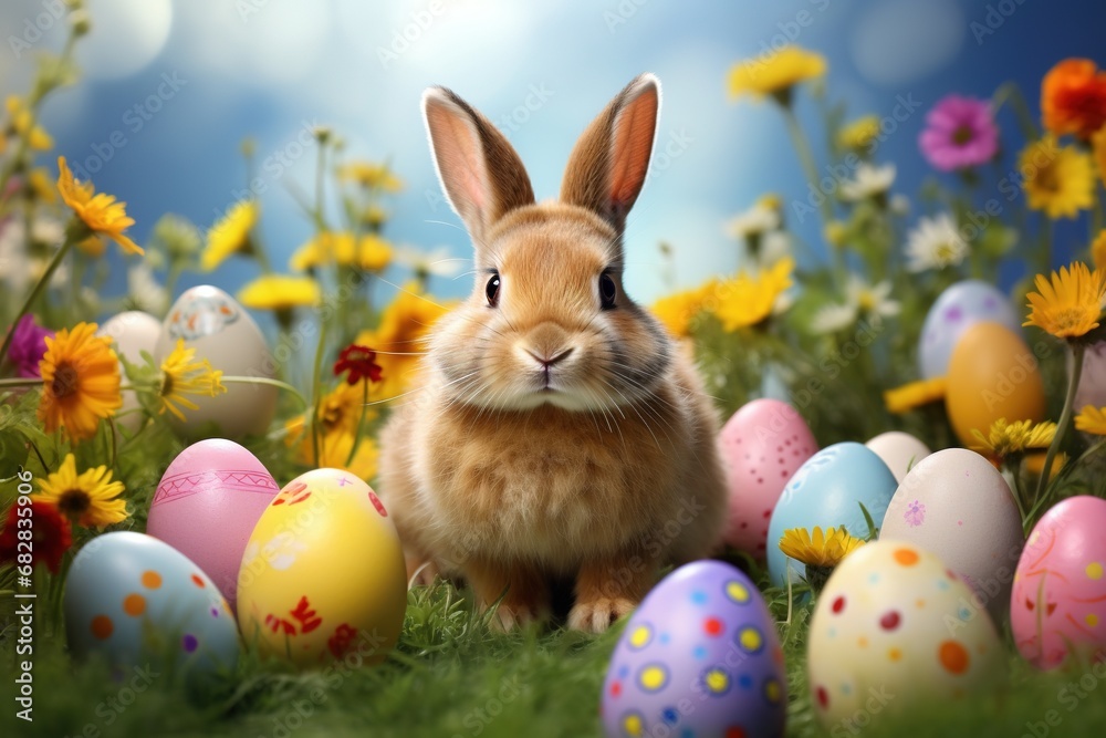 Fototapeta premium Easter bunny and colorful eggs on green grass with flowers background.
