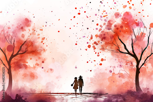 Watercolor Romantic Couple Illustration Background with Copy Space for Valentines Day