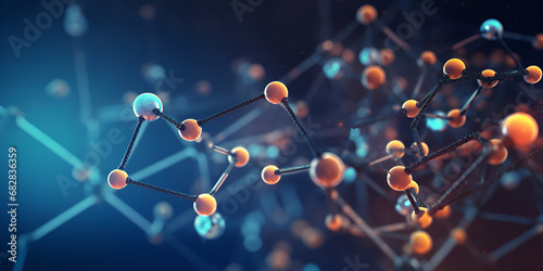 complex molecular structure in 3D illustration - scientific background concept. Dynamic Molecular Structure Visualization: A 3D Rendition of Scientific Inquiry and Complexity
