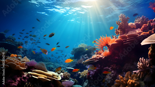Tropical sea underwater fishes on coral reef. Aquarium oceanarium wildlife colorful marine panorama landscape nature snorkel diving photo