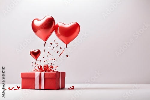 Red valentine giftbox with heart shape balloons inside white room