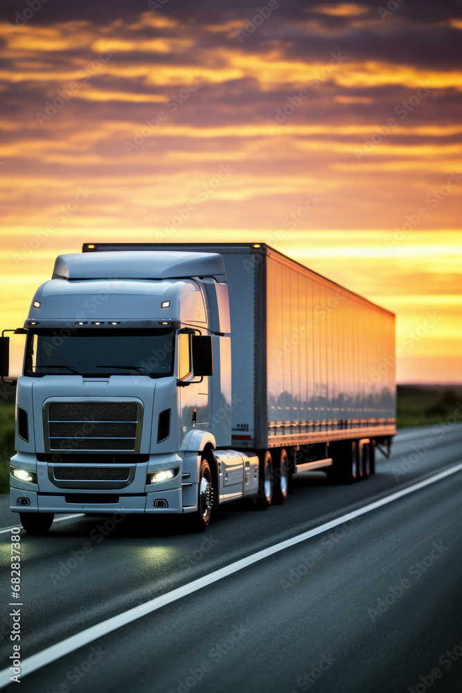 Loaded European truck on motorway in red, orange sunset light. On the road transportation and cargo.