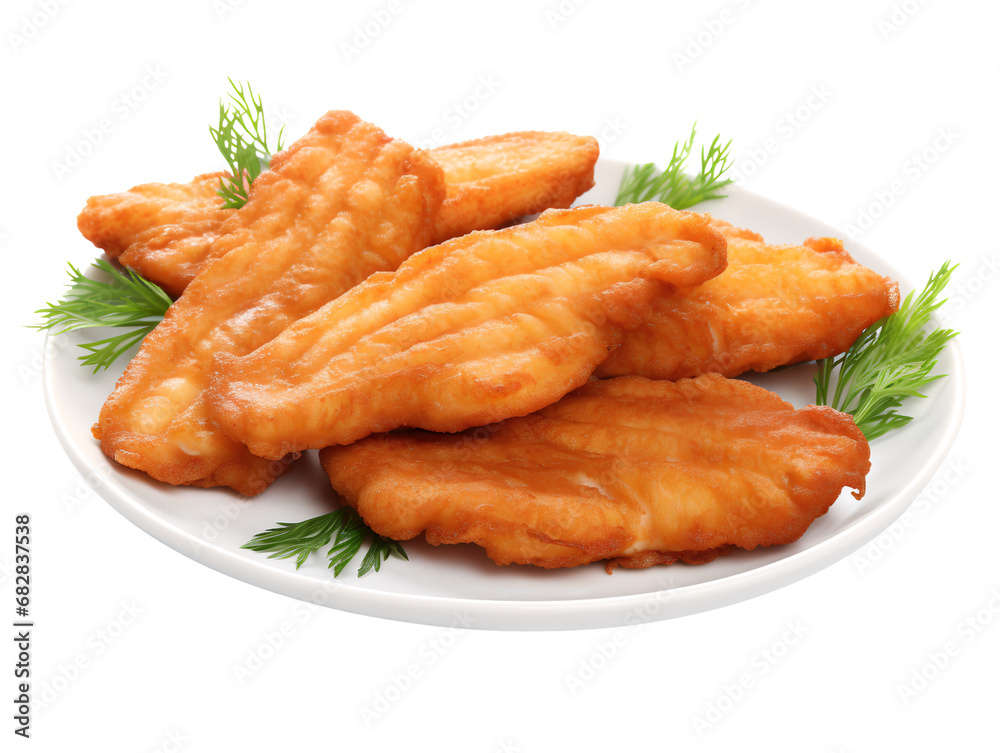 Fried fish fillets, isolated on a transparent or white background Fried fish fillets, isolated on a transparent or white background