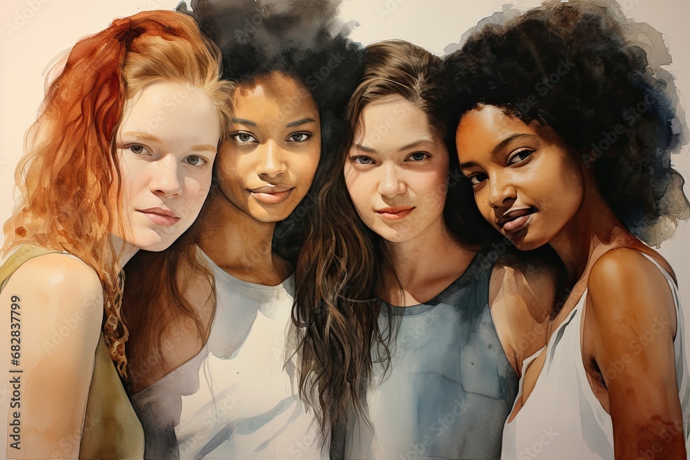 Watercolor of three women, symbolizing unity and diverse femininity