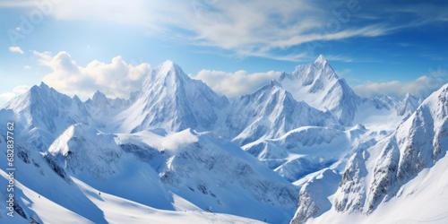 Panorama of snow covered Alps. Bright landscape with Caucasian mountains sunny day.