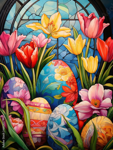 Vibrant Stained Glass Easter Composition with Floral Arrangements