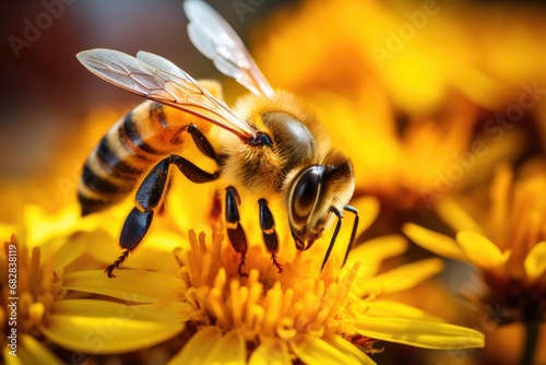 Macro Close-up: Bee Collecting Pollen from Vibrant Flower © Nino Lavrenkova
