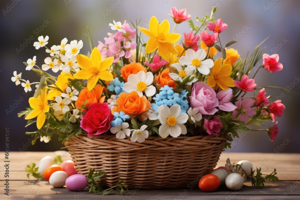 Abundant Easter Basket Overflowing with Colorful Flowers