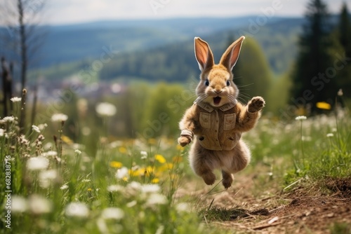 Joyful and Lively Easter Bunny Hopping in a Spring Meadow © Nino Lavrenkova