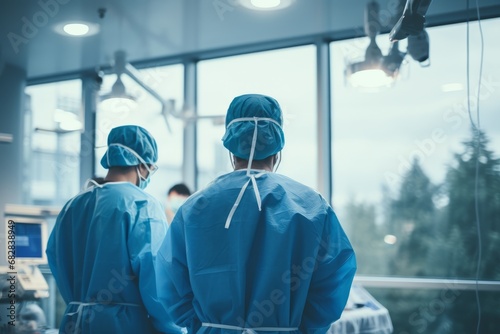 Diverse team of professional medical workers perform surgery and examination of patient in operating room using high-tech equipment. Doctors work to save a patient in a modern hospital.