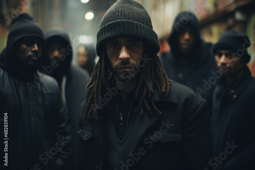 Bandit group, street gang. Dangerous guys standing together in an alley photo