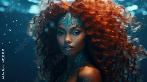 Stunningly-haired African American Mermaid illustrated in water through Generative AI. © Sandris_ua