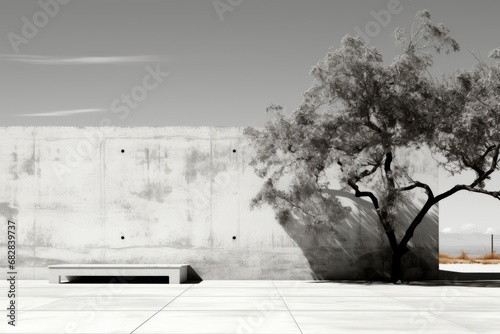 Black and white picture of a tree in the background of ultra-modern minimalist building made of concrete and glass. Live object and grey monochrome inanimate background combination. photo