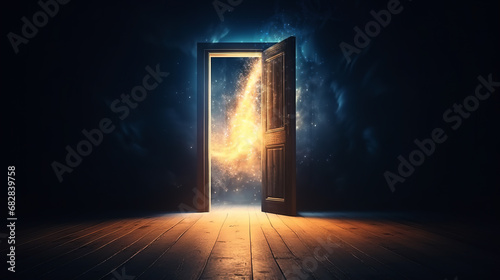 An open magic door in a dark room. Magic particles, smoke, smog photo