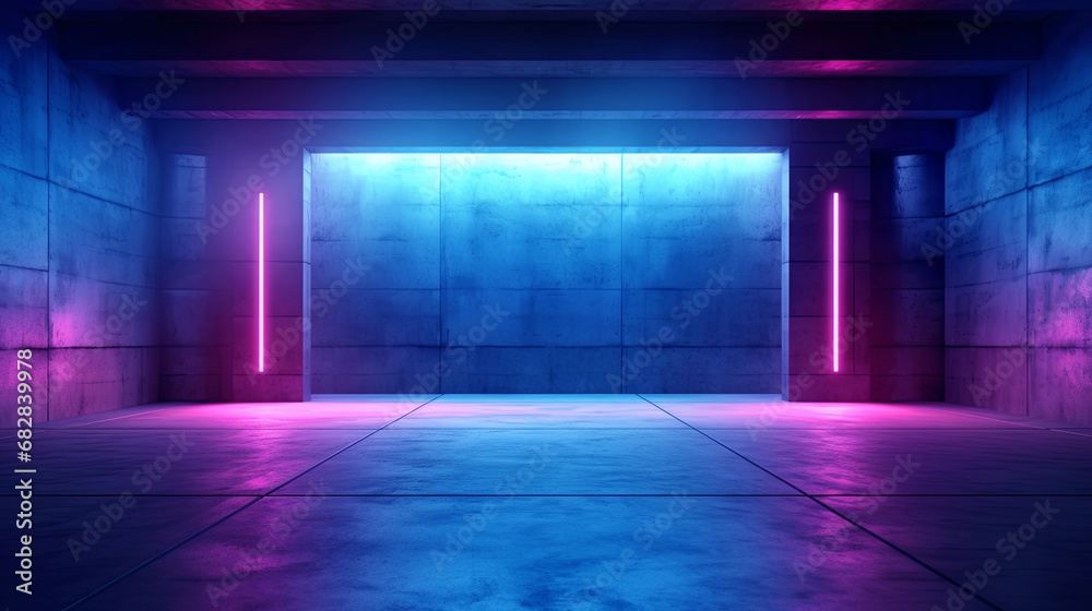 Sky-fi background of an empty room. Concrete walls, neon lighting Sky-fi background of an empty room. Concrete walls, neon lighting