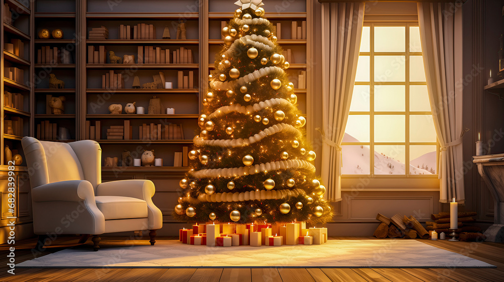 Festive living room with armchair, bookshelves, gifts, burning candles and decorated Christmas pine tree. Warm cozy evening celebrations, winter holidays Christmas and New Year.