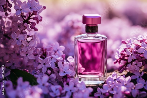Purple perfume bottle surrounded by lilacs