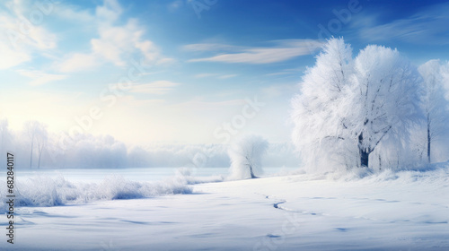 Frosted white tree on frosty winter day against blue sky with gentle fluffy clouds. Snow-covered fields. Atmosphere of calm and tranquility. Copy space. © Marina_Nov