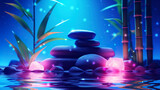 Dark background of spa procedures, massage. Stones, candles, bamboo are reflected on the water