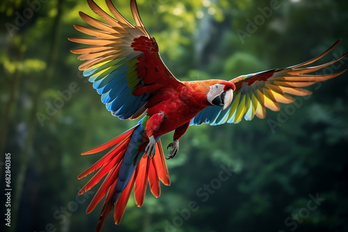 Beautiful macaw flying in tropical forest. Generative AI.