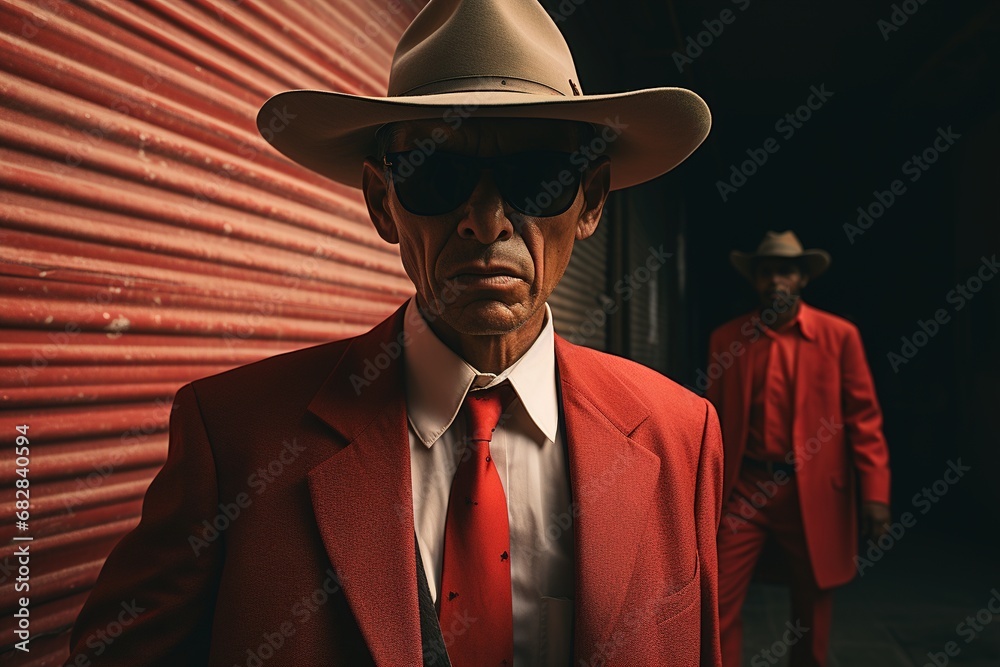 Mexican mafia, portrait of a stylish senior man in a hat and red suit and sunglasses looking at camera
