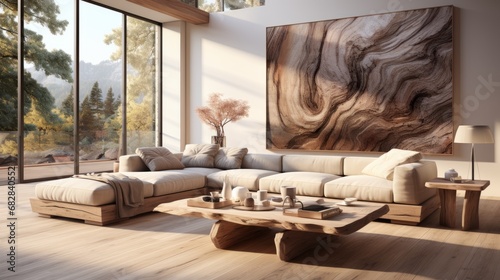 Interior of stylish spacious living room in luxury cottage. Comfortable beige cushioned furniture, rustic wooden coffee table, abstract painting on the wall, panoramic windows with forest view.