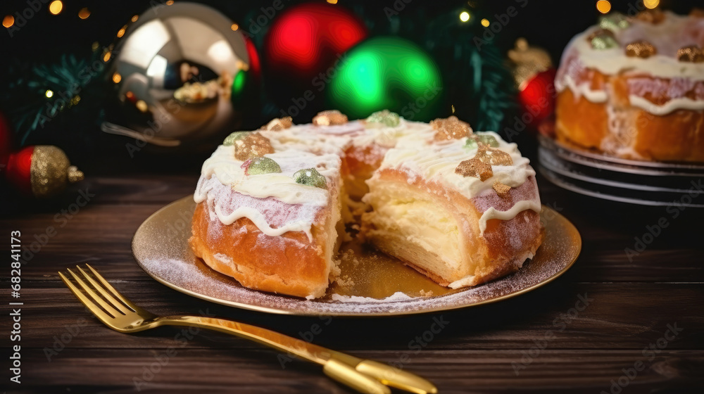 Roscon de reyes with cream and christmas ornaments. cake.Traditional Spanish Epiphany cake.Typical spanish dessert for Christmas. Roscon de reyes with cream and christmas ornaments. cake.Traditional Spanish Epiphany cake.Typical spanish dessert for Christmas.