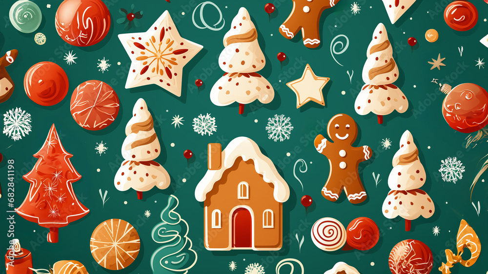 Grupo de dibujos navideños sobre fondo verde Grupo de dibujos navideños sobre fondo verde