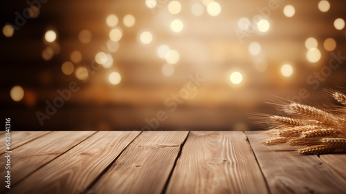 Tabla de madera para productos con fondo de luces doradas y cálidas navideño con piñas y ramas de abeto decorativo
