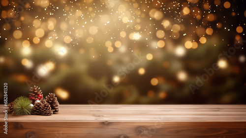 Tabla de madera para productos con fondo de luces doradas y cálidas navideño con piñas y ramas de abeto decorativo photo