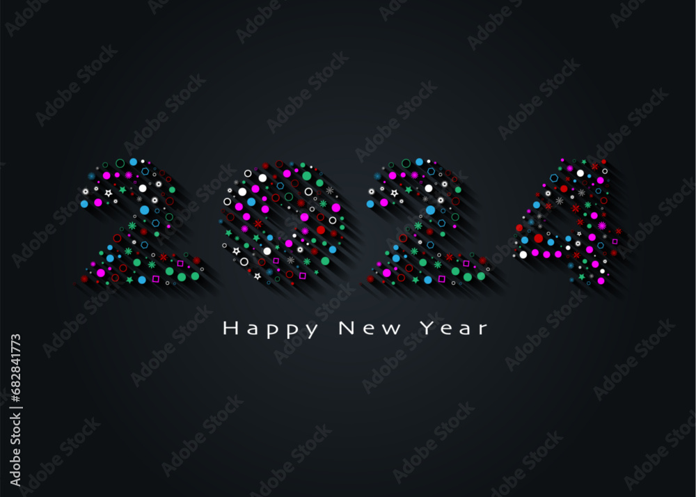 2024 New Year colorful logo design. Holiday greeting card. Creative number in mosaic tiles. Vector illustration for invitation, calendar, party, festive label, template isolated on black background 