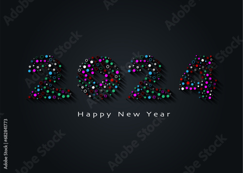 2024 New Year colorful logo design. Holiday greeting card. Creative number in mosaic tiles. Vector illustration for invitation, calendar, party, festive label, template isolated on black background 