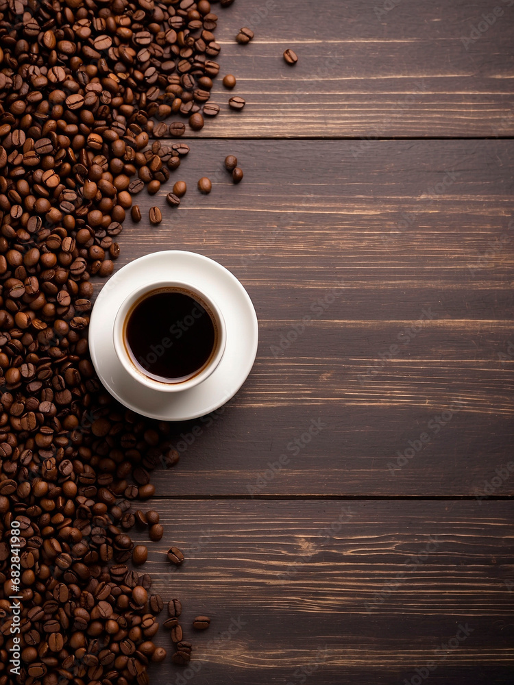 Original background with a cup of freshly brewed coffee and coffee beans scattered around, dark pastel colors. Original background with a cup of freshly brewed coffee and coffee beans scattered around, dark pastel colors.