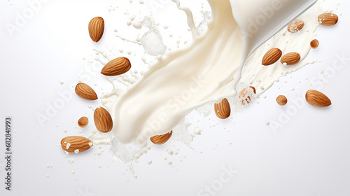 Milk splashing with falling almonds. Splash of milk with almonds, Almond drink advertising design. Made with generative ai
