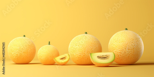 Cantaloupe arranged in an orderly manner On a yellow background, there is space, a beautiful view.