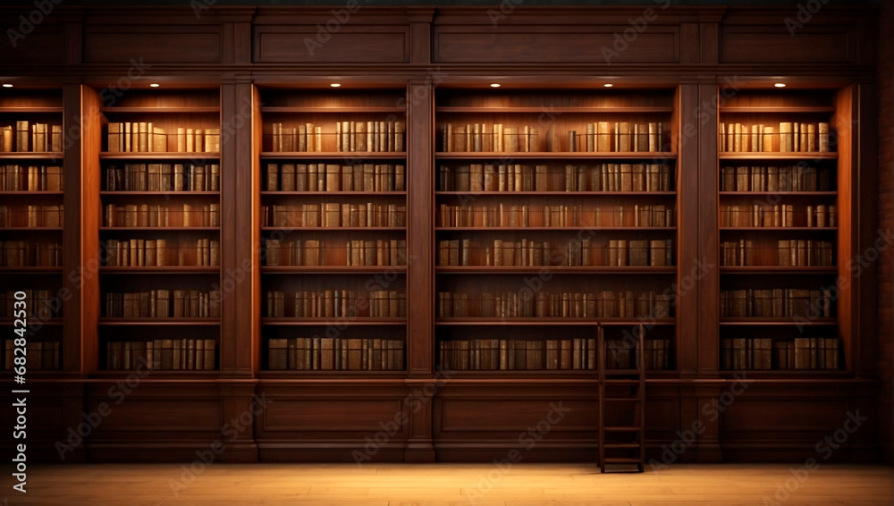 High mahogany bookshelves illuminated by soft light, home library. High mahogany bookshelves illuminated by soft light, home library.