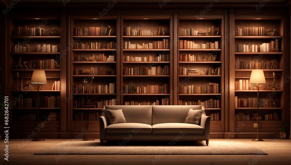 Old wooden shelves with books in the library, dim light, a sense of calm. Old wooden shelves with books in the library, dim light, a sense of calm.