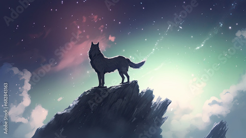  wolf standing on top of a mountain against the night sky, digital art style, illustration painting, silhouette wolf